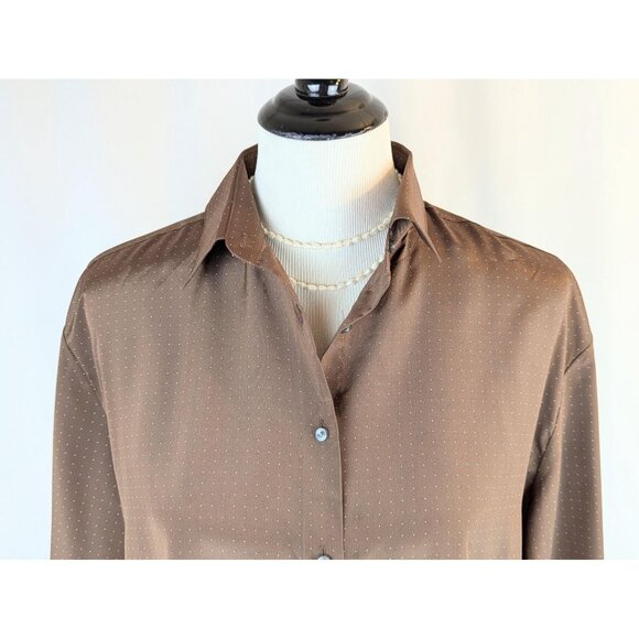 Vintage 1980s Women's Brown Silky Collared Blouse Button-Down Dress Top Sz 16 - Picture 4 of 10